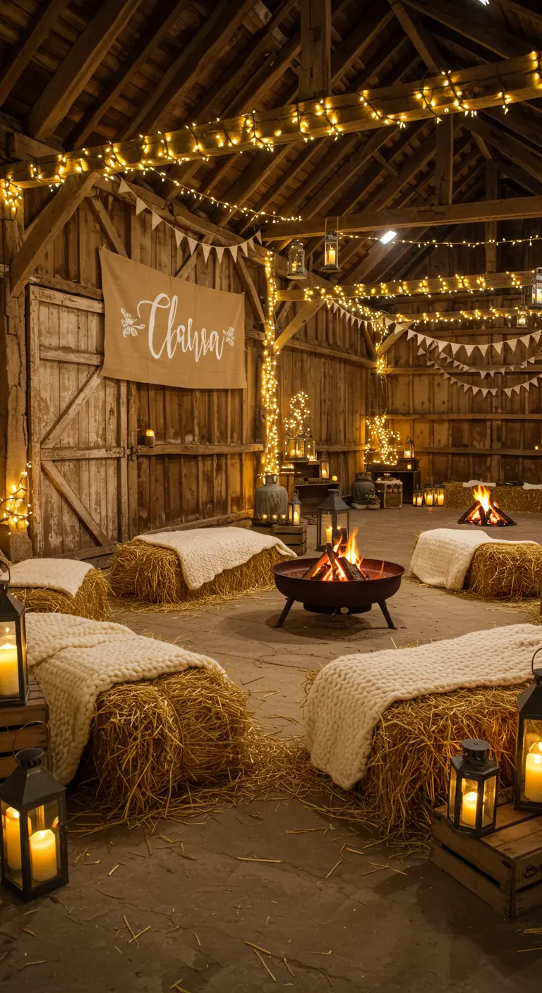 A barn decorated for a party with hay bale seating, fire pits, and string lights.