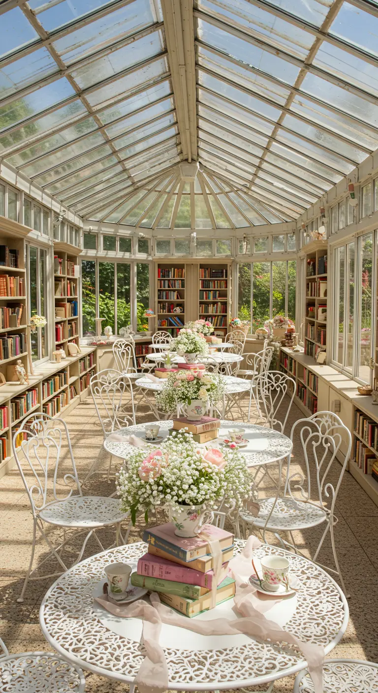 A sunlit glass conservatory set for a tea party with white tables and floral book stacks.