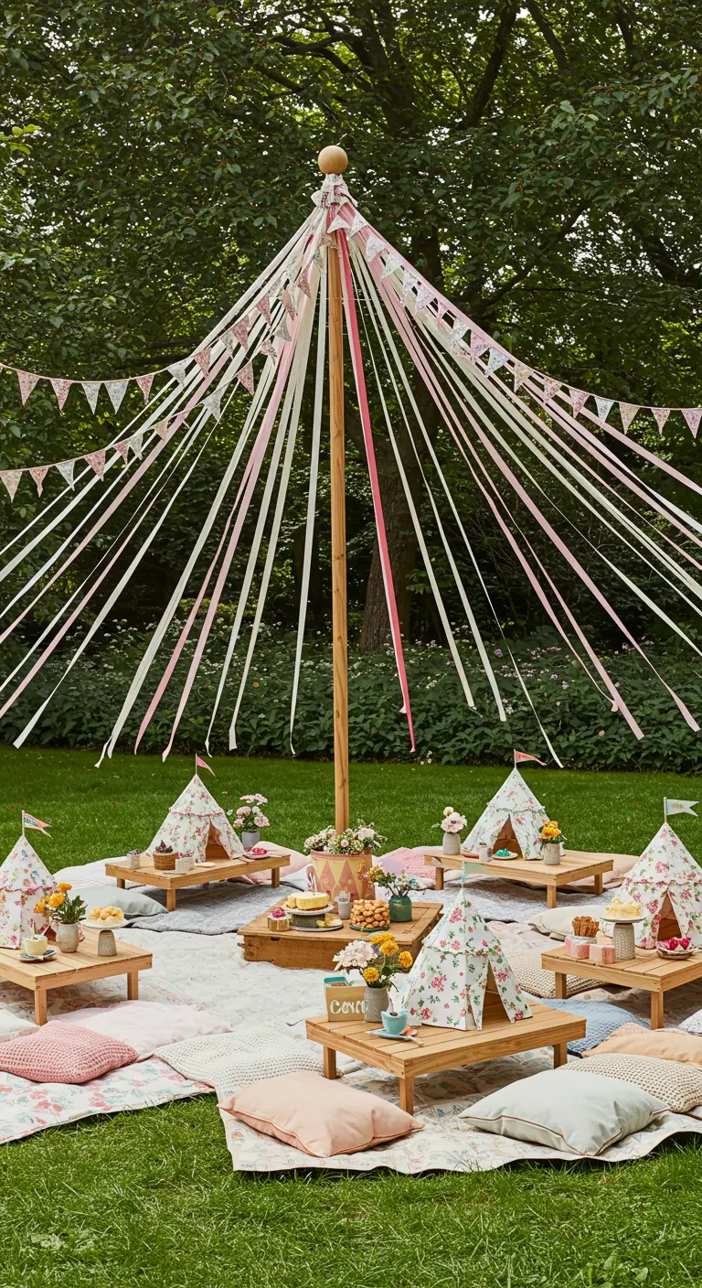 An outdoor picnic party with a central maypole and mini tent decorations.