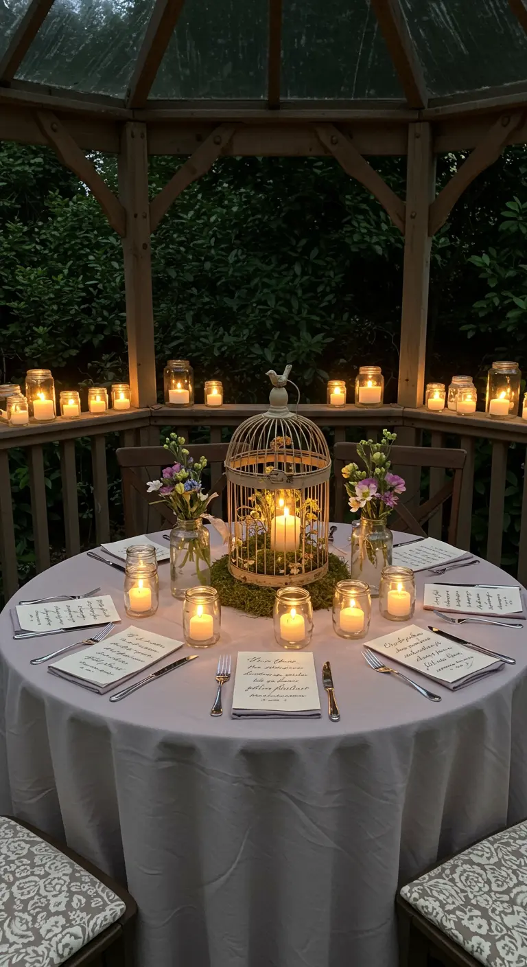 A round table in a gazebo with a birdcage candle centerpiece and mason jar lights.
