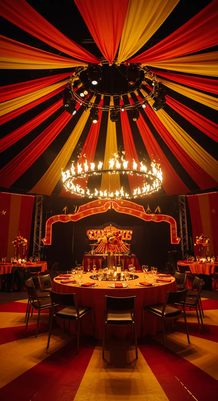A dramatic circus tent interior with a faux-flame chandelier and red-and-gold decor.