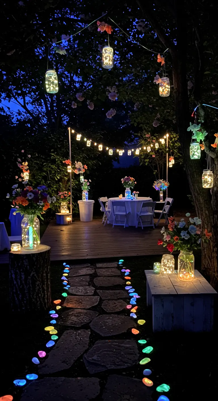 A stone garden path lined with colorful glow-in-the-dark pebbles leading to a party area.