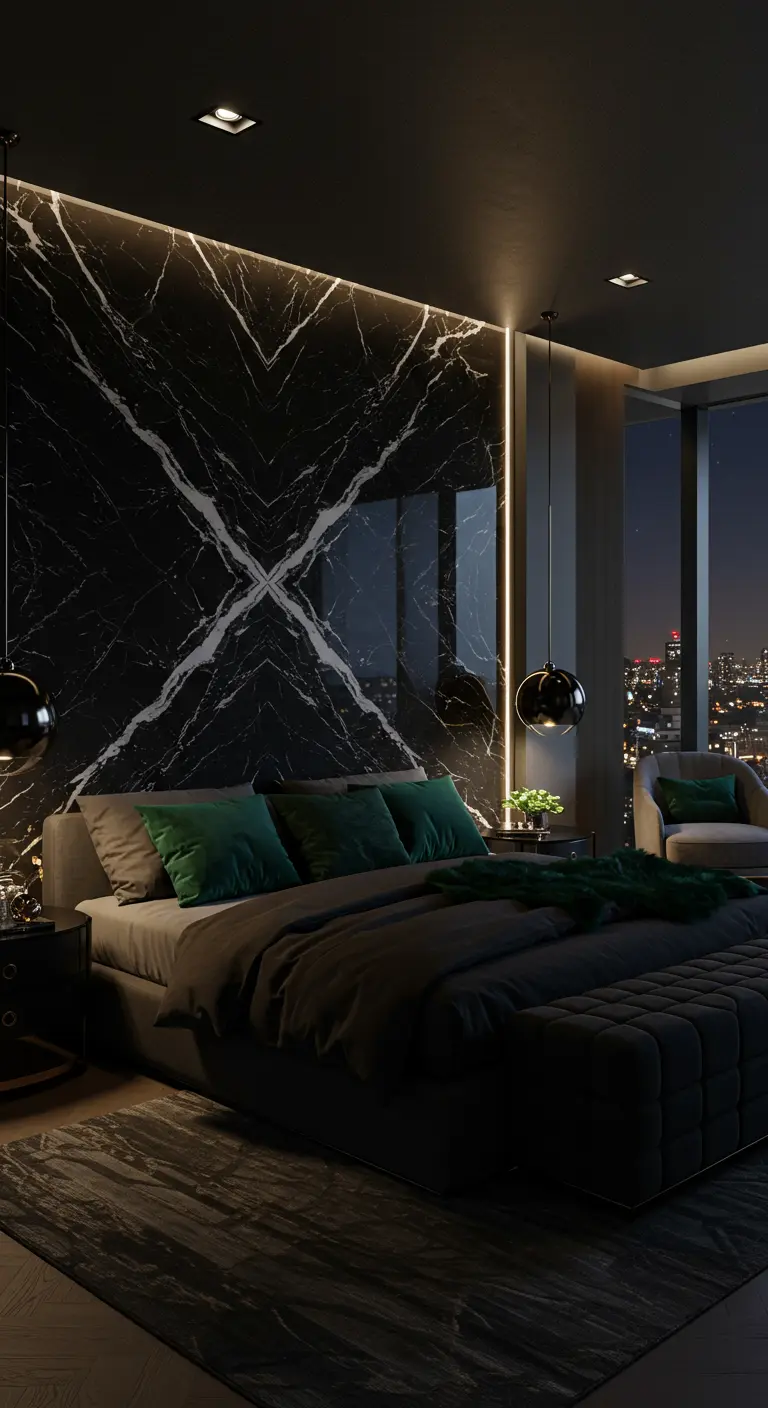 Modern bedroom with a backlit black marble wall and emerald green pillows.