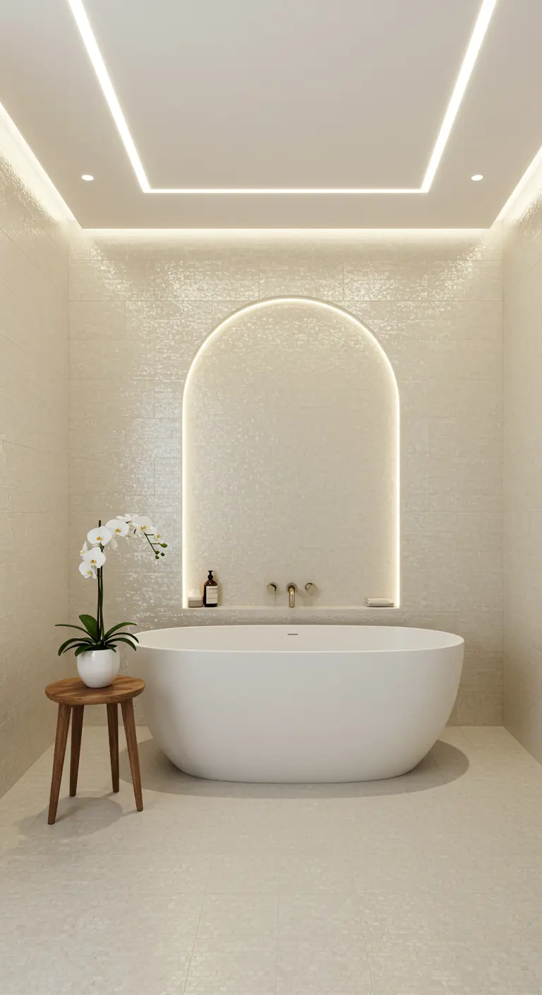 Minimalist bathroom with an arched niche backlit by hidden LED lights behind a freestanding tub.