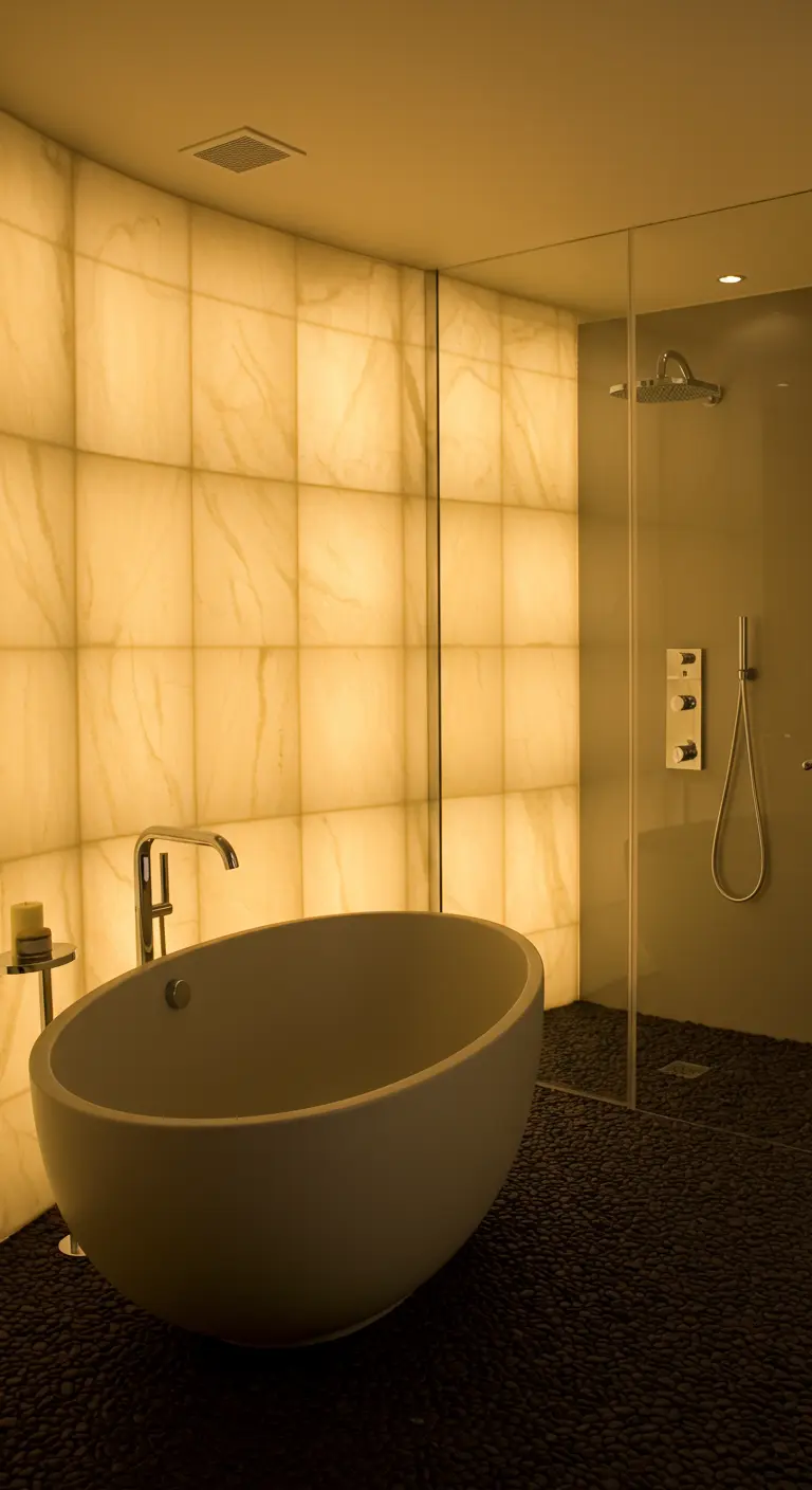 Bathroom with a freestanding tub against a backlit yellow onyx wall and a pebble floor.