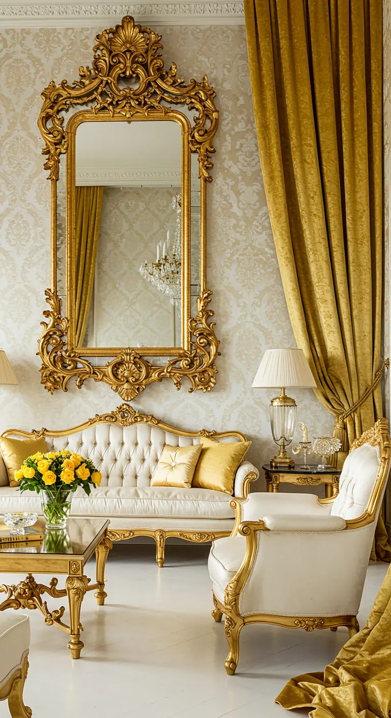 An elegant living room with cream damask wallpaper, a tufted sofa, and gold velvet curtains.