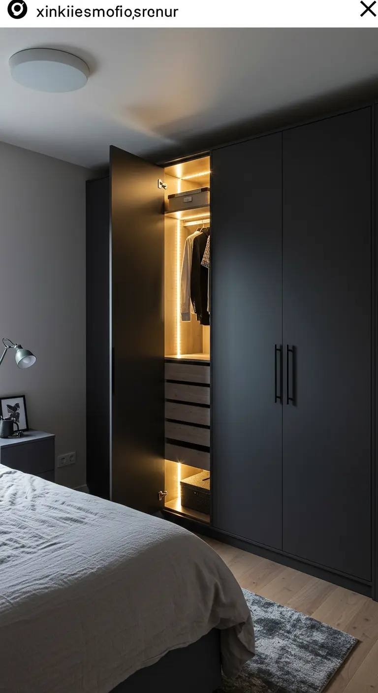 A modern, dark grey wardrobe with its doors open, revealing a warmly lit interior with LED strips.