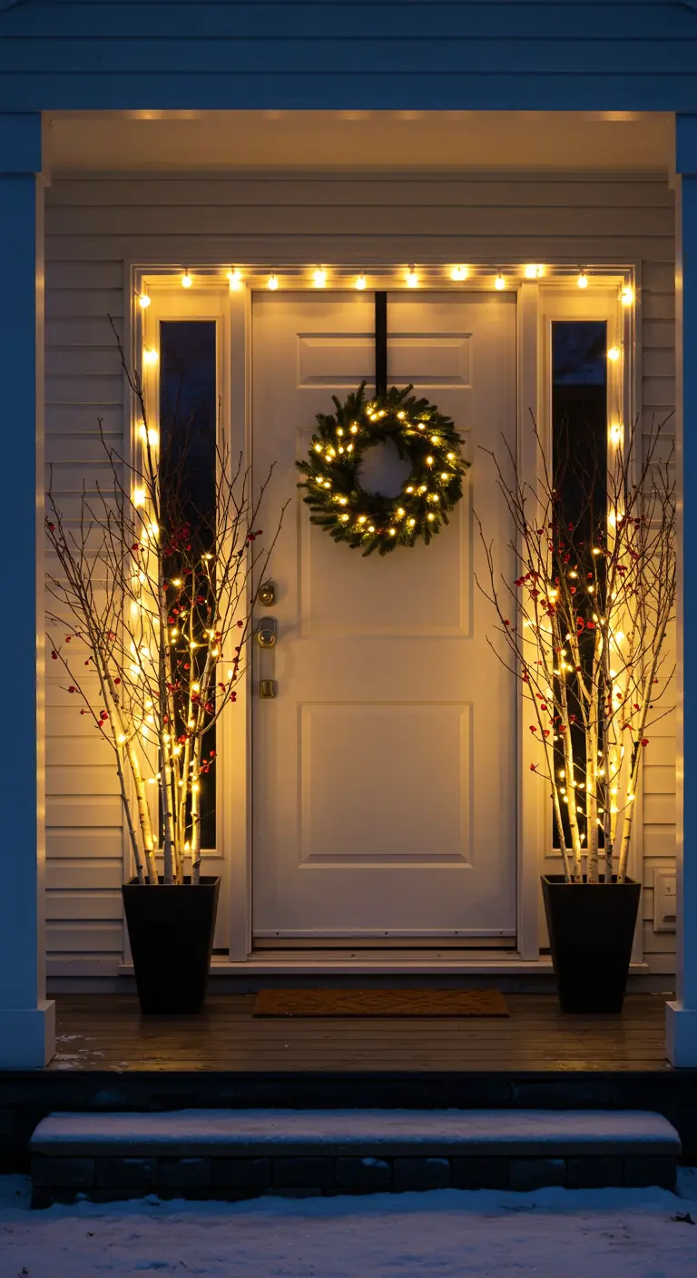 A doorway flanked by two tall black planters filled with illuminated birch branches at night.
