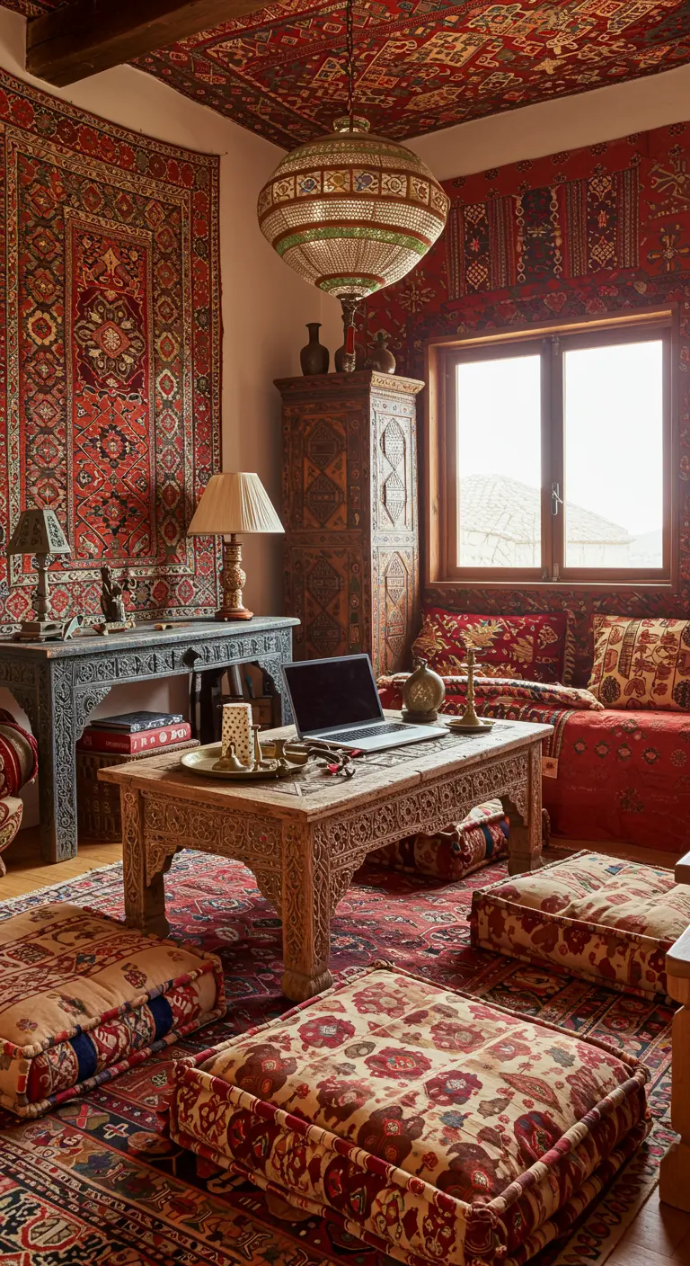 A maximalist Moroccan-style room with layered red rugs, floor cushions, and a low carved coffee table.