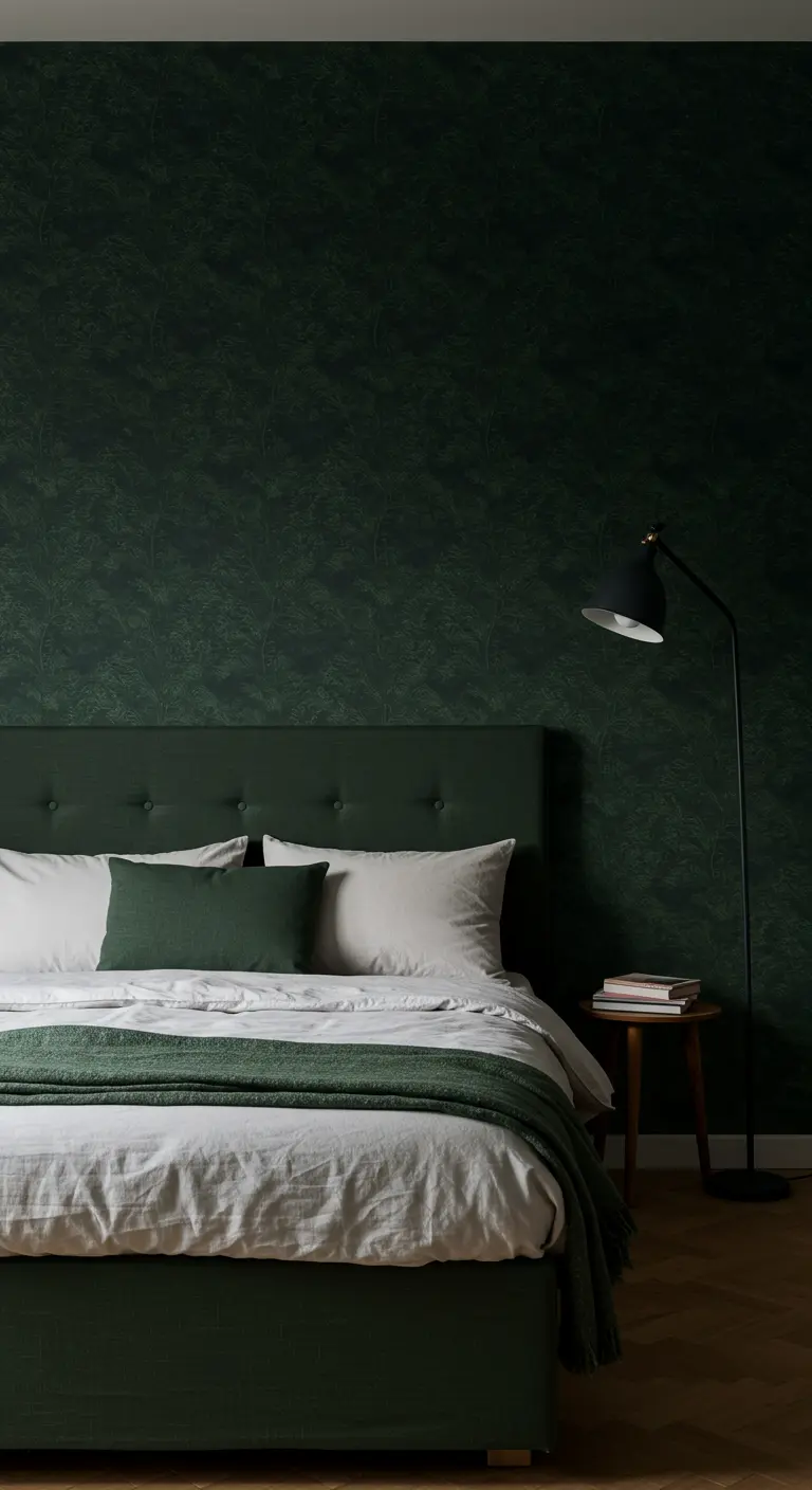 Monochromatic dark green bedroom with a tufted headboard and textured wallpaper.