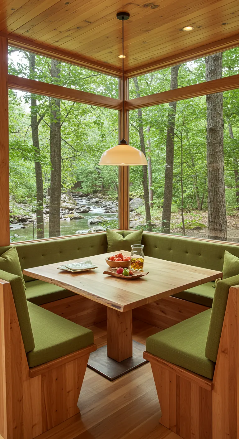 A cozy wood-paneled breakfast nook with green cushions looking out at a forest and creek.