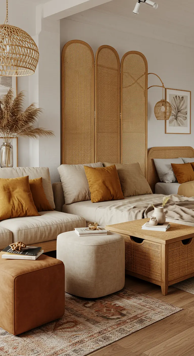 A studio apartment with a rattan screen dividing the bed from the living area with a beige sofa.