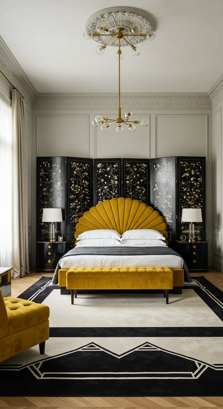 Bedroom with a yellow velvet shell headboard set against a black Chinoiserie screen.