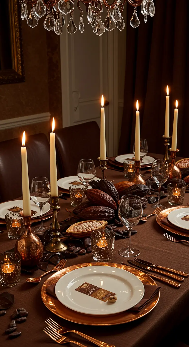 A luxurious tablescape with a brown theme, copper chargers, and cacao pod decorations.