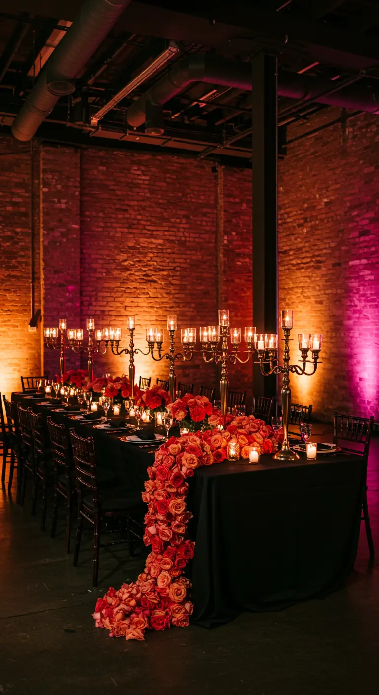 Dramatic floral runner of coral roses cascades off a black table in an industrial venue.