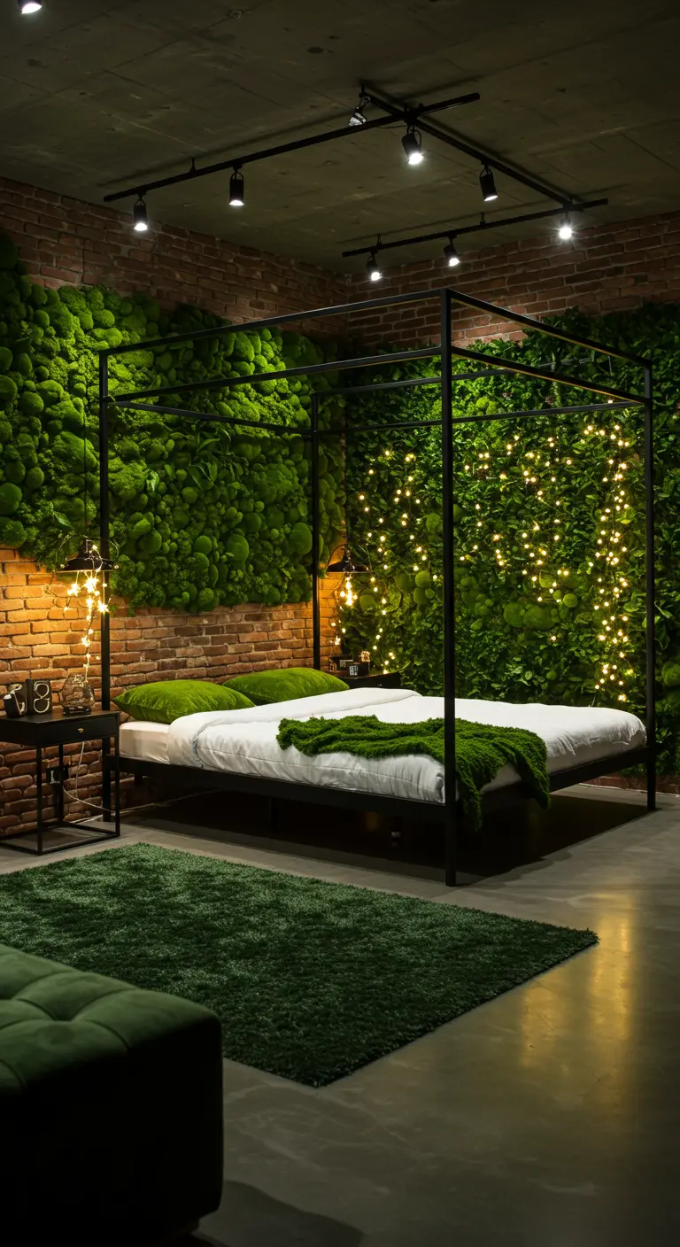 An industrial loft bedroom with brick and moss walls, and a black metal canopy bed.