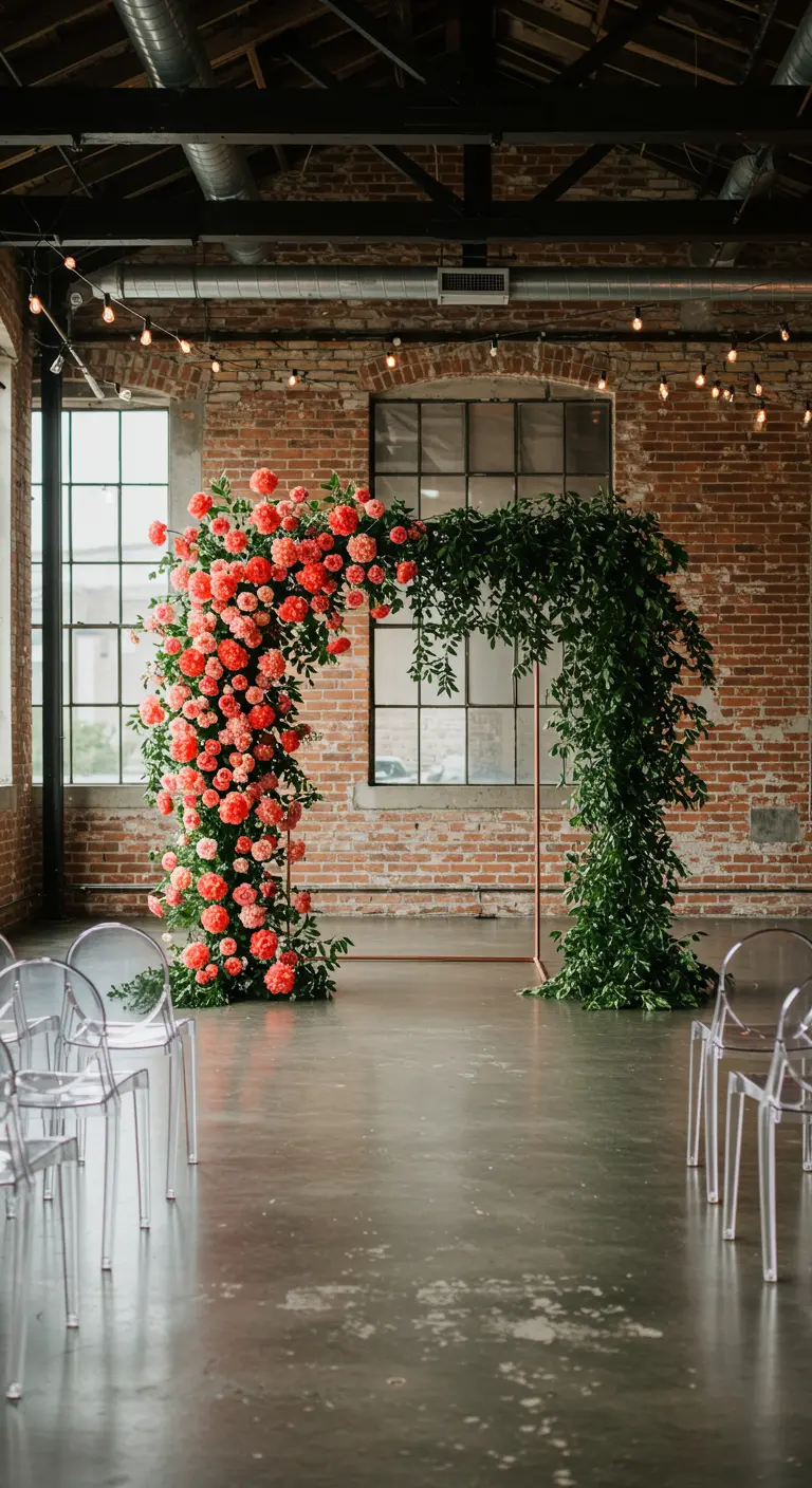 An asymmetrical wedding arch with coral peonies on one side and greenery on the other.