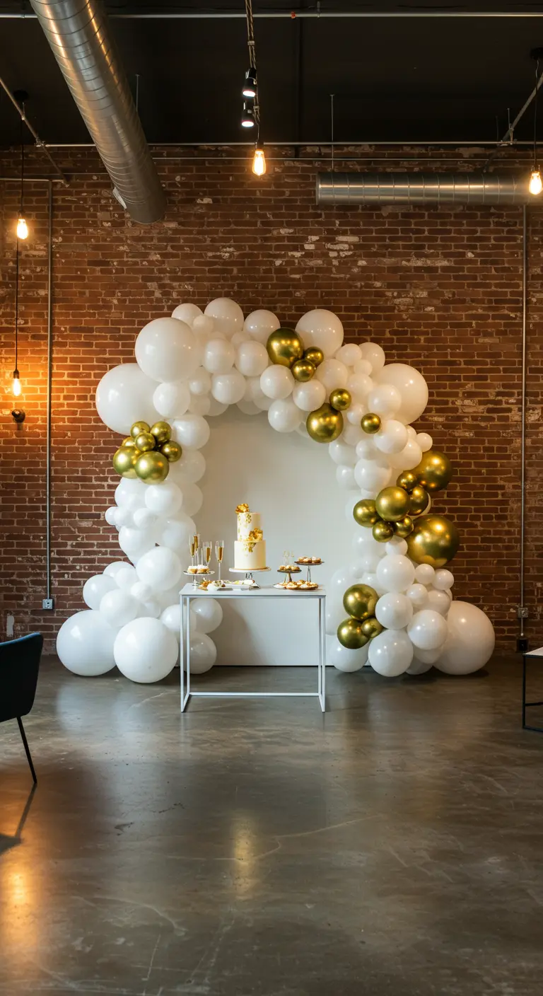 White and gold balloon arch framing a dessert table against an exposed brick wall.