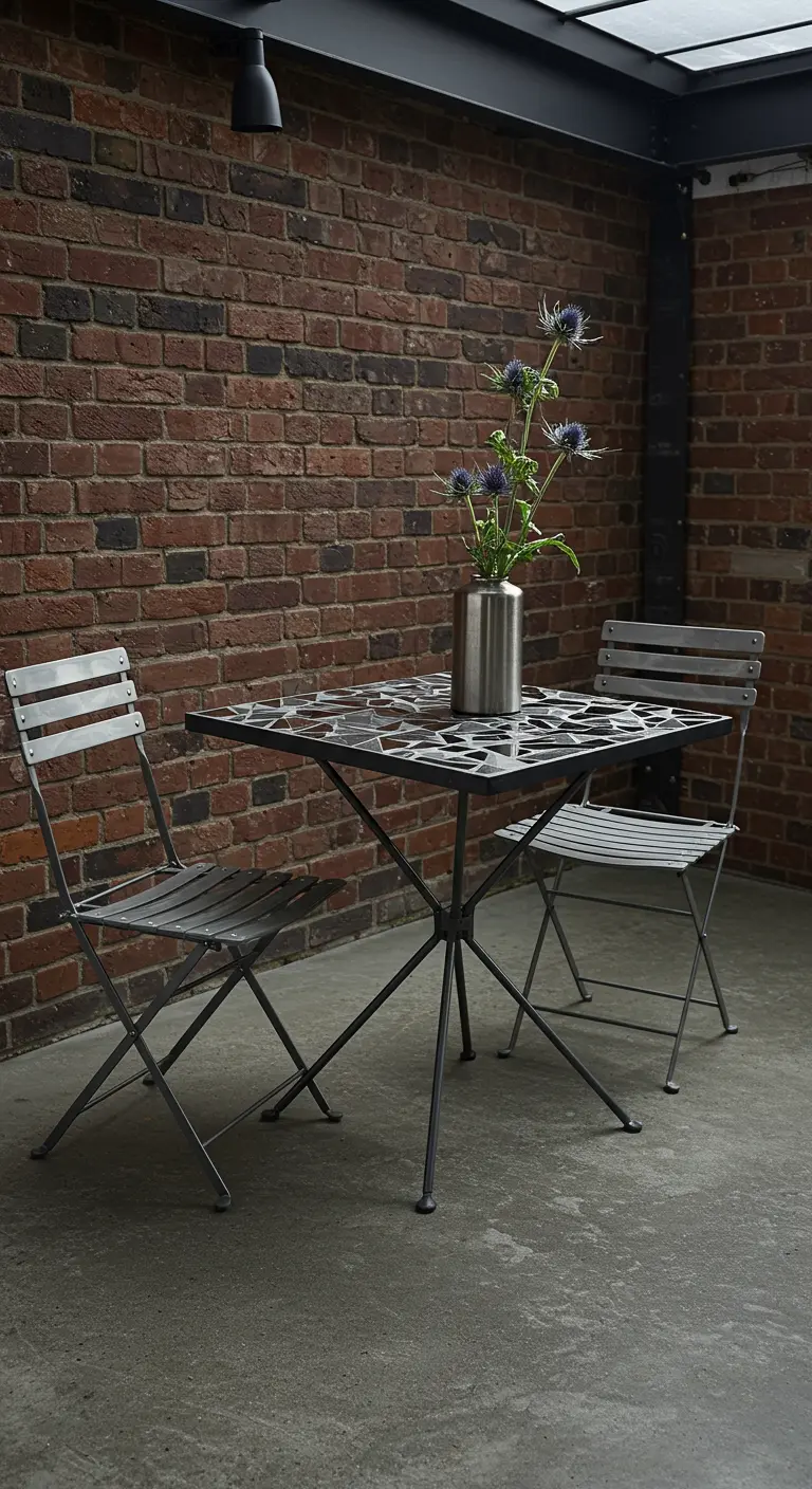 Modern metal bistro set with an abstract mosaic top against a brick wall.
