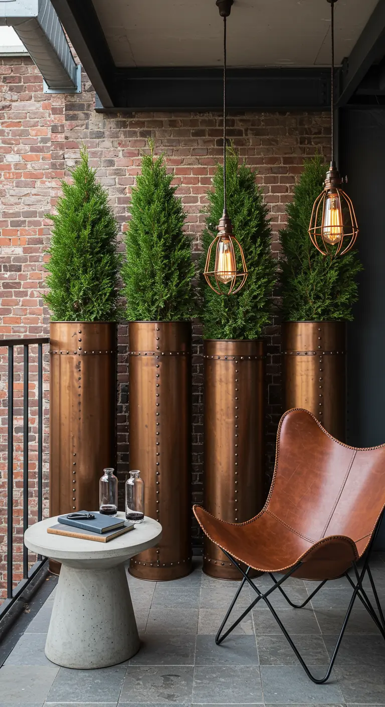 An industrial balcony with tall, riveted copper planters and a leather butterfly chair.