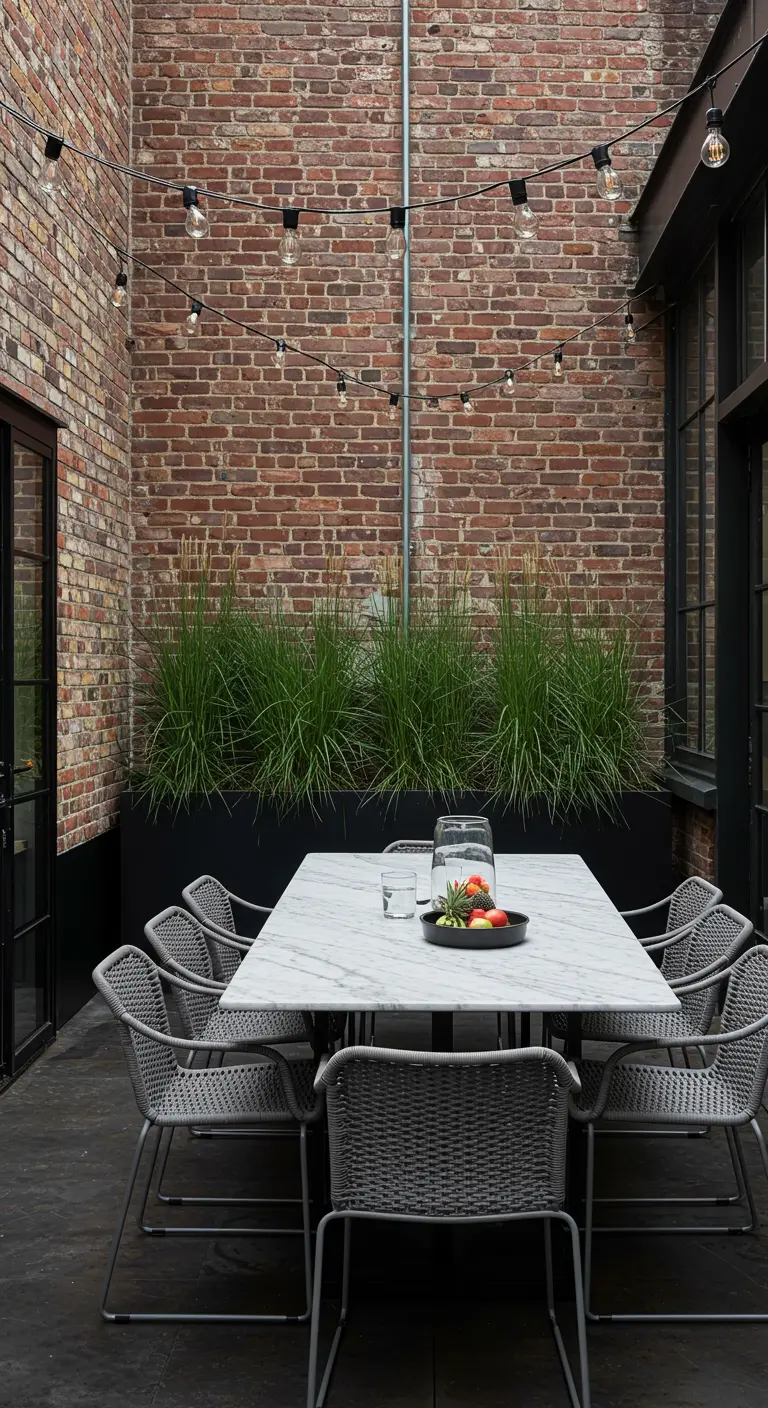 An industrial brick courtyard with a long marble table and a planter of tall grasses.