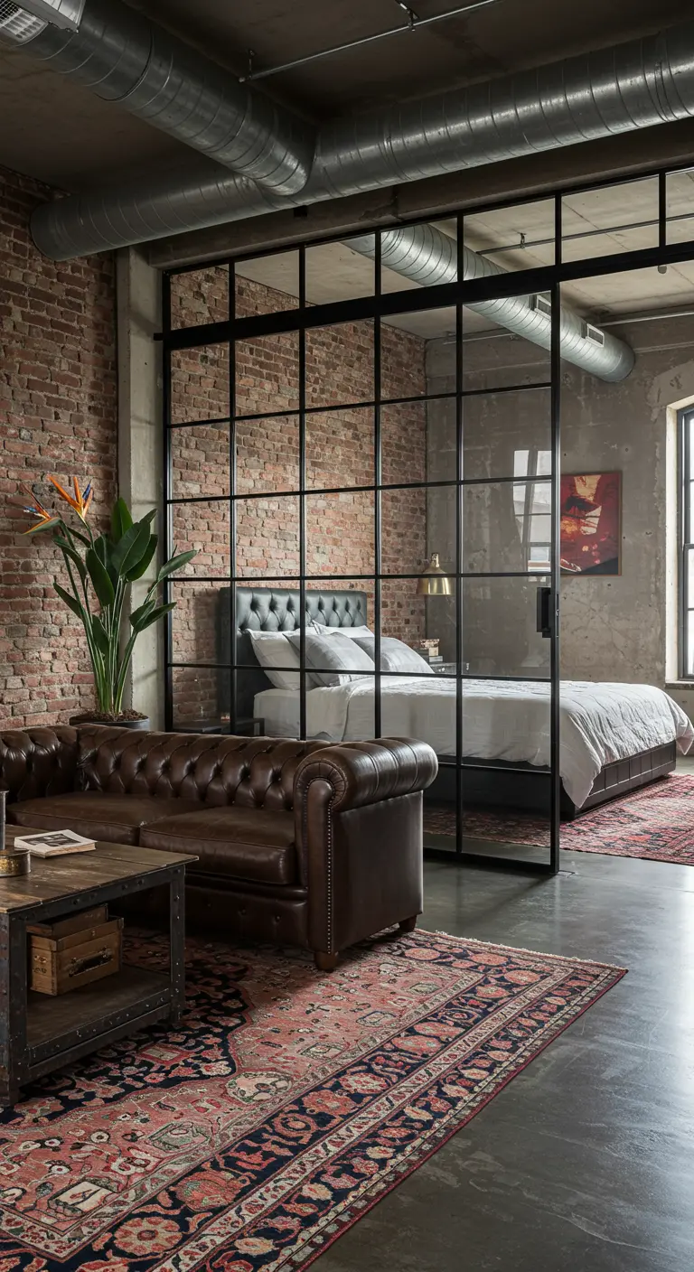 Industrial loft with a glass and steel partition separating the bedroom from the living area.