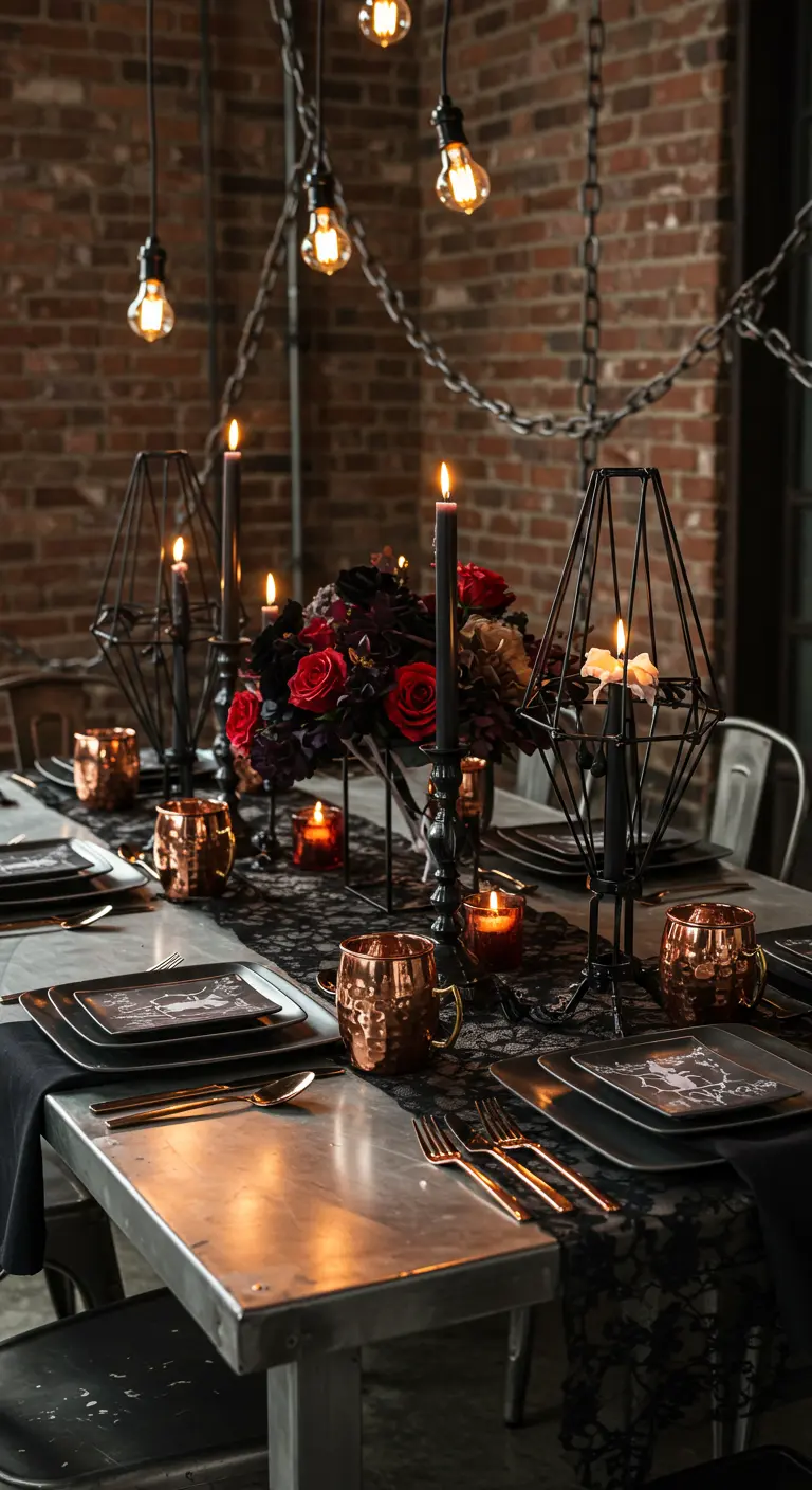 An industrial Halloween table with copper mugs, metal lanterns, and hanging Edison bulbs.