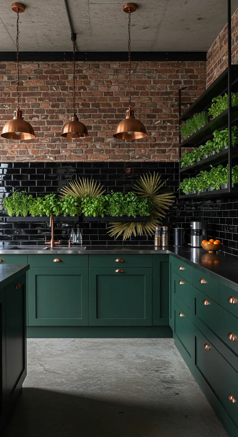 Dark green kitchen with an exposed brick wall, black tile, and a multi-level herb garden.