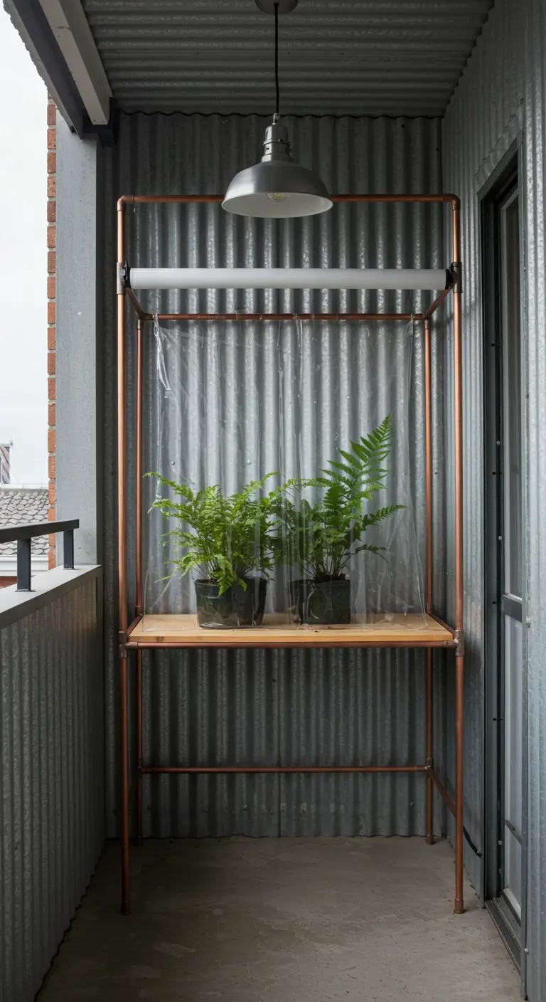A DIY industrial greenhouse made of copper pipes, housing ferns against a corrugated metal wall.