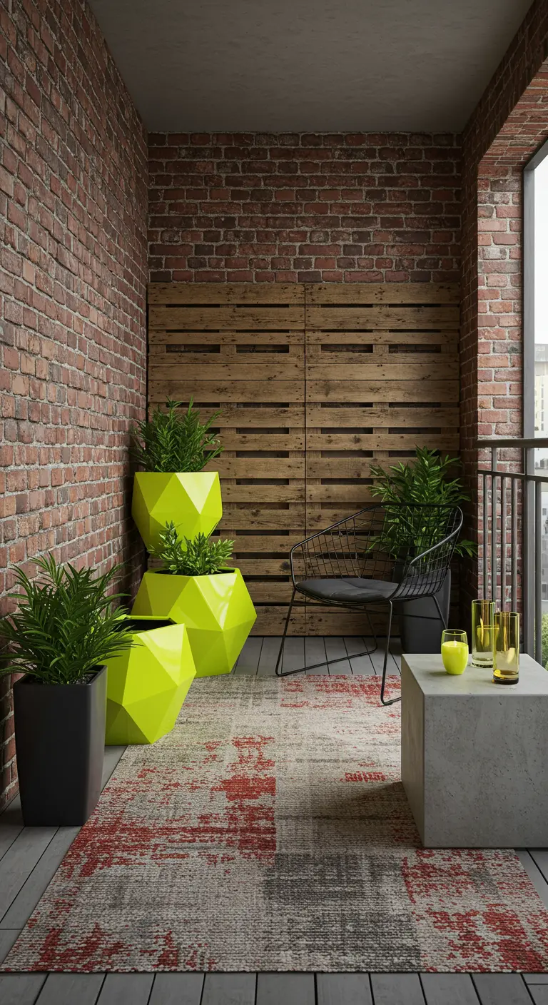 Balcony with brick wall, pallet wood screen, and bright lime green geometric planters.