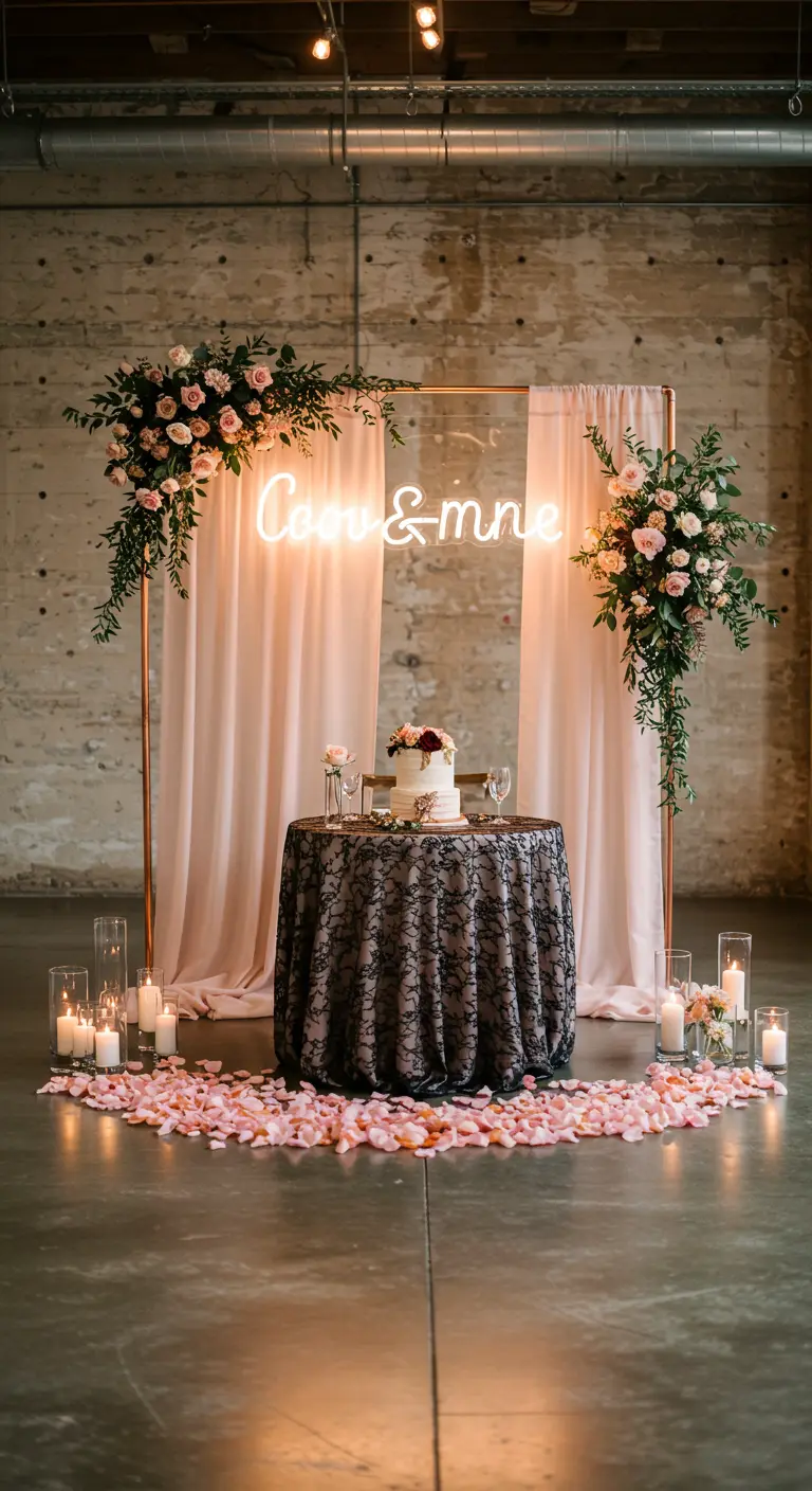 Copper arch with neon sign, blush draping, and black lace tablecloth in an industrial venue.