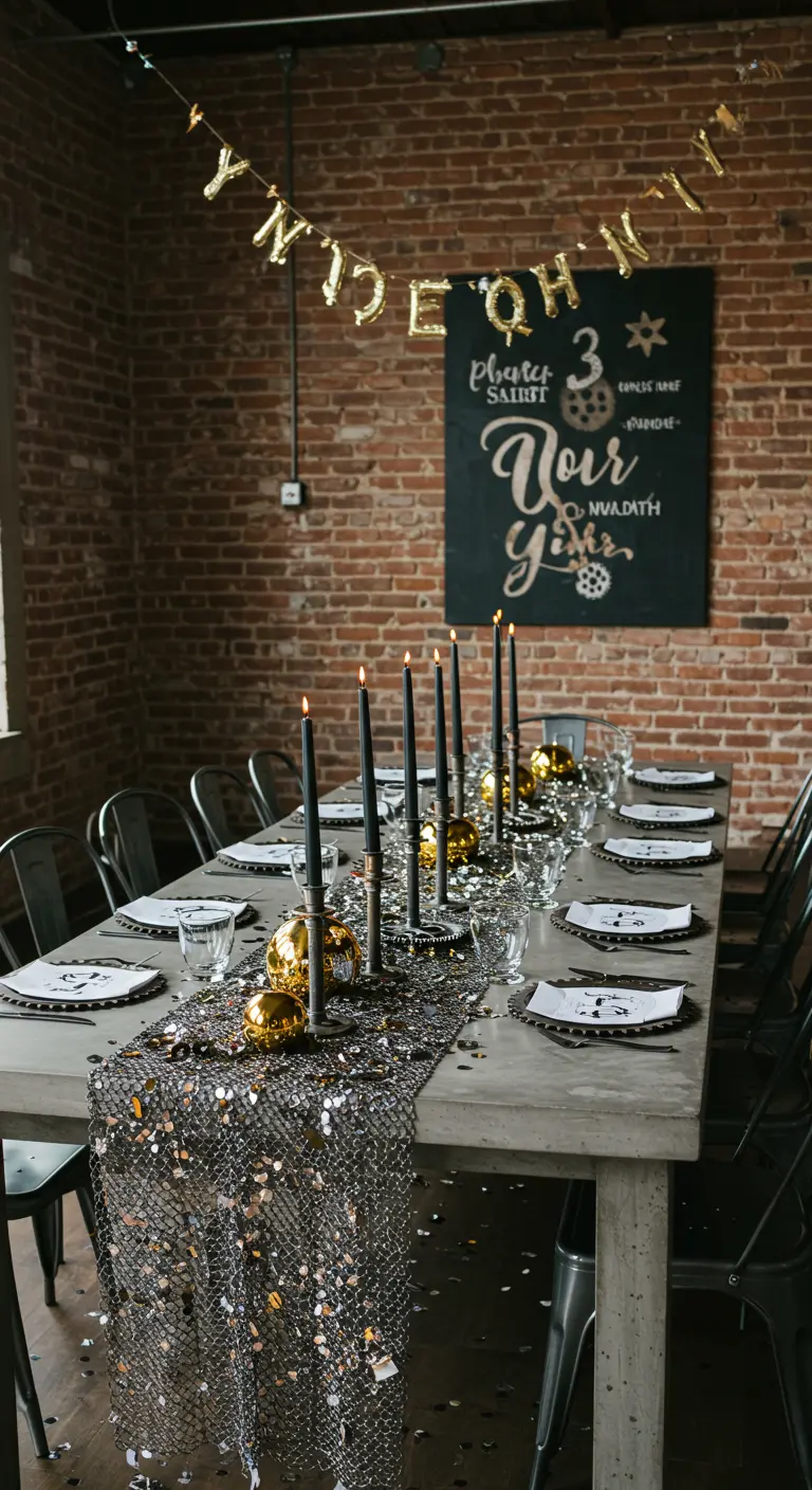 Industrial-style table with a sequin runner, black candles, and gold accents against a brick wall.