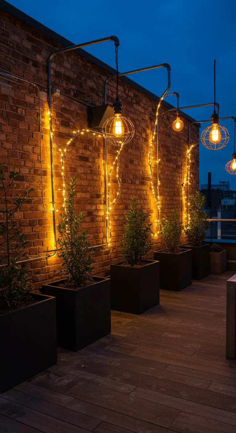 An industrial-style pipe light fixture on a brick wall, with fairy lights cascading down towards planters.