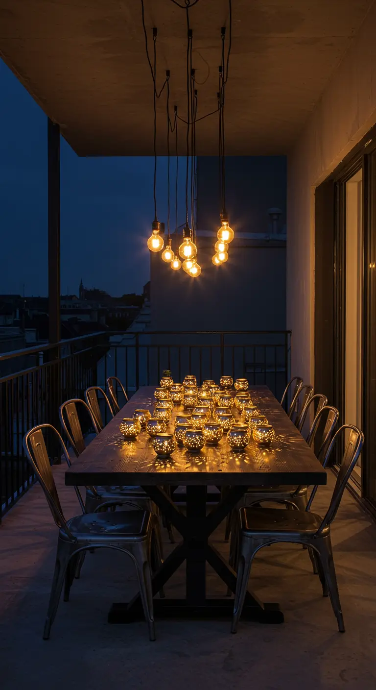 A balcony dining scene with industrial metal chairs and a table covered in glowing gold votives.