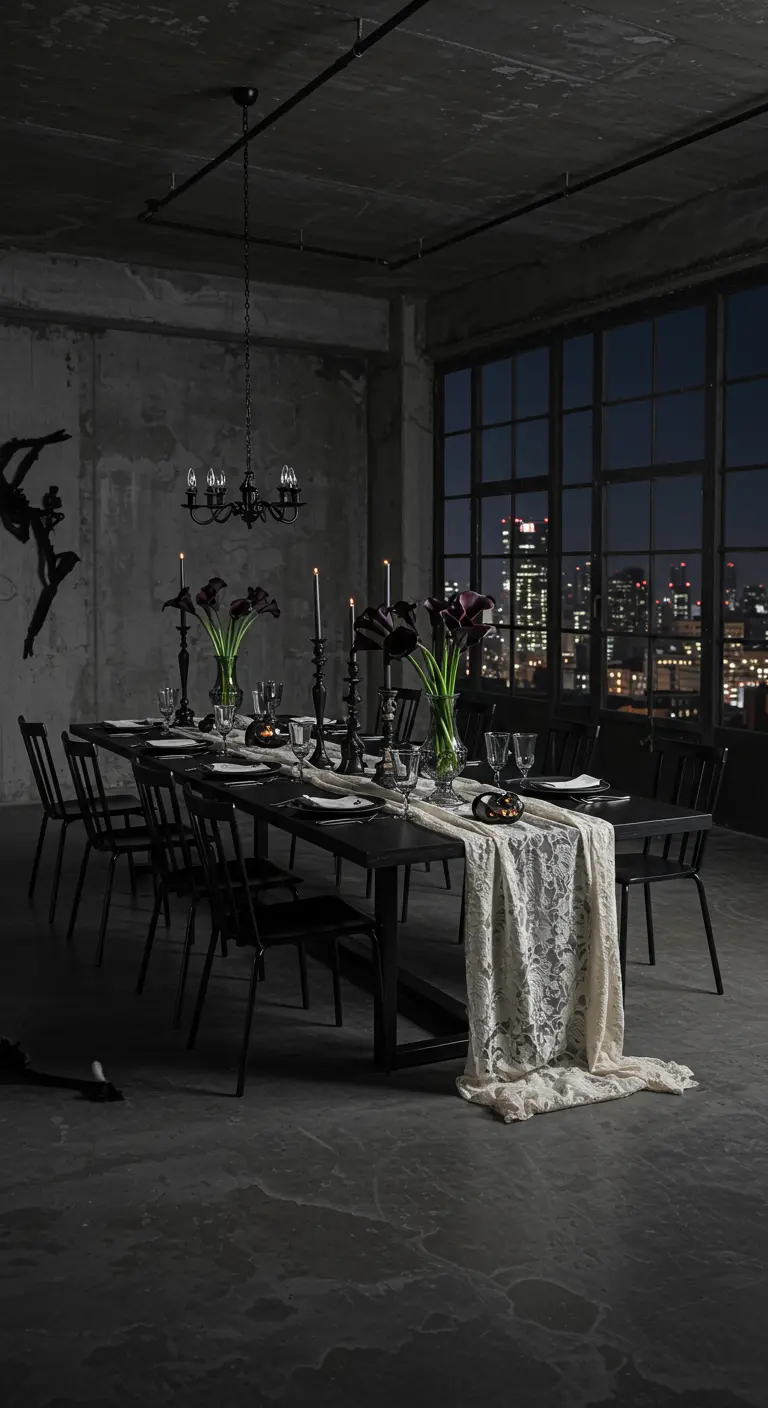 A minimalist Halloween table in an industrial loft with a lace runner and black calla lilies.