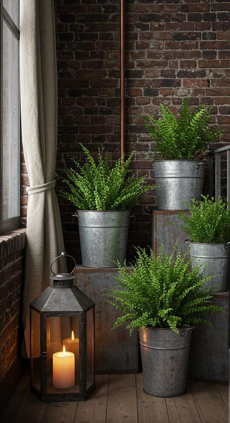 Industrial-style balcony with a brick wall and ferns in galvanized metal buckets.
