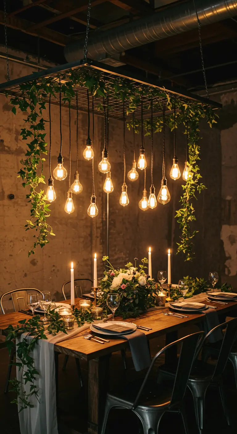 An industrial-style chandelier made from a metal grid with hanging Edison bulbs and ivy.