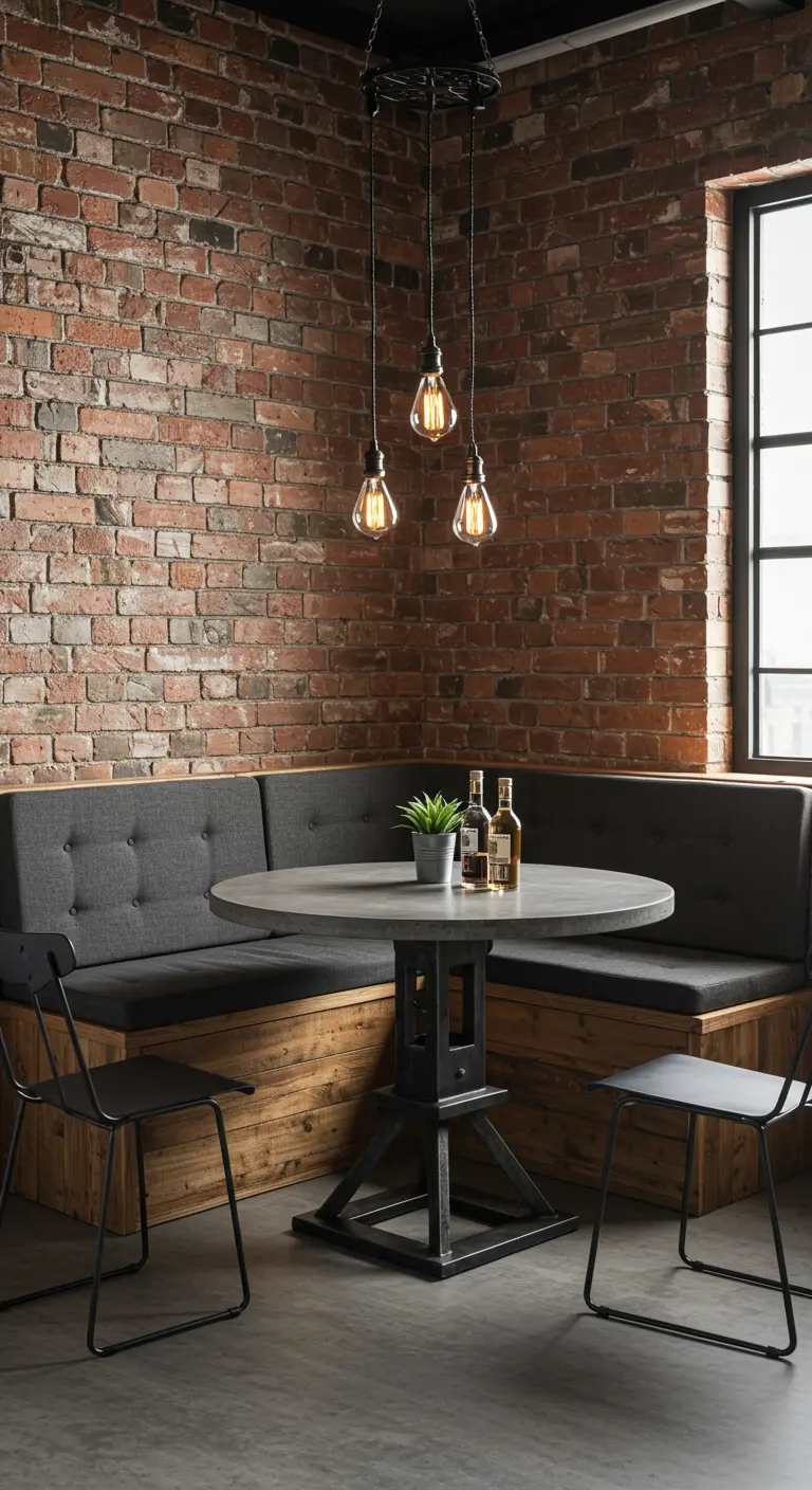An industrial dining nook with an exposed brick wall and a concrete-topped table.