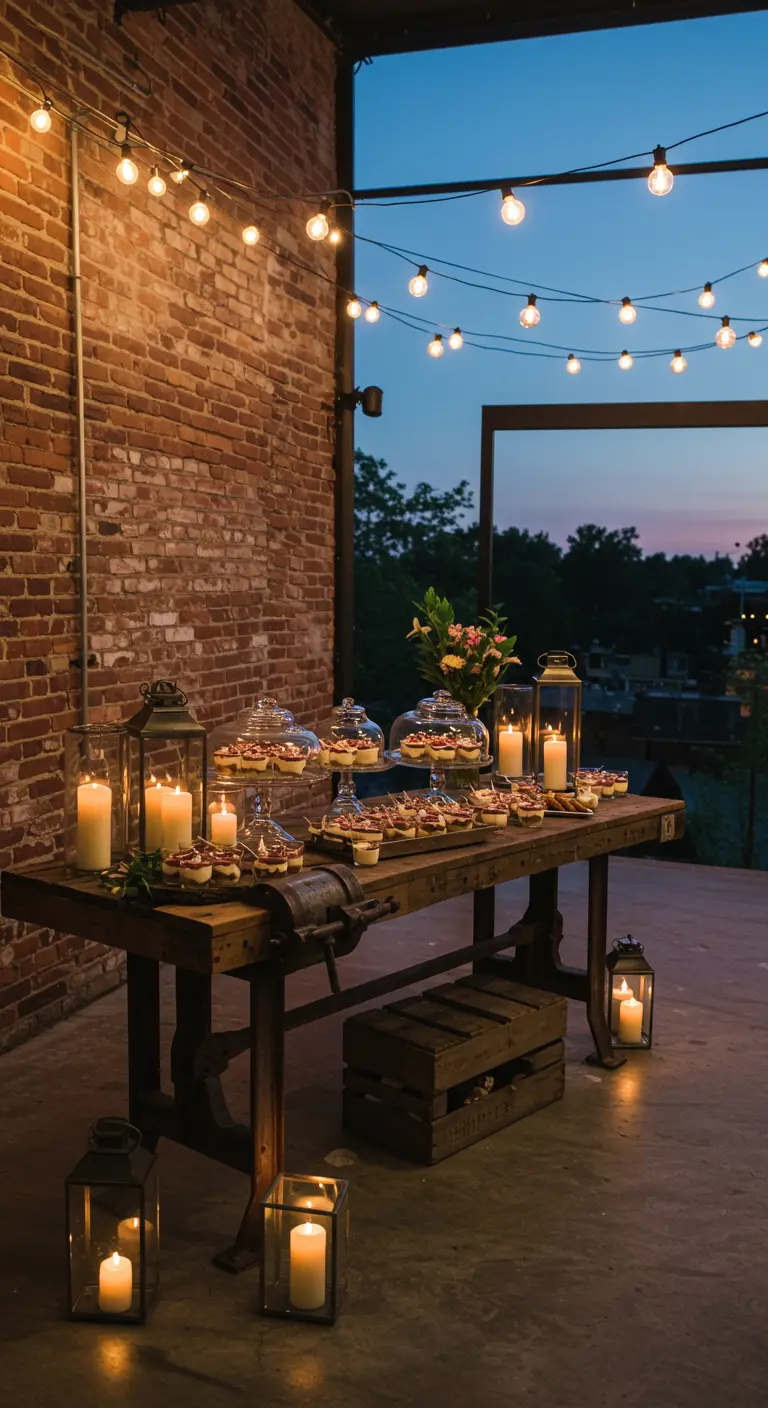 Industrial workbench dessert table against a brick wall, with string lights and lanterns.