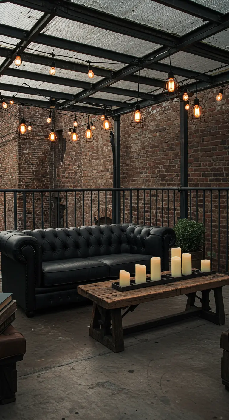 An industrial-style patio with a black Chesterfield sofa, brick walls, and caged Edison bulbs.