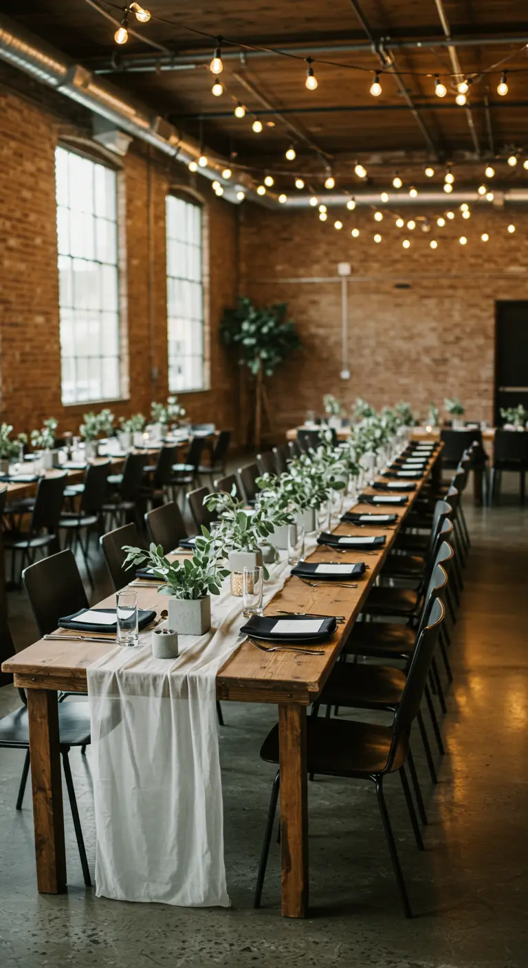 Long wedding table in a brick loft with concrete vases and greenery.