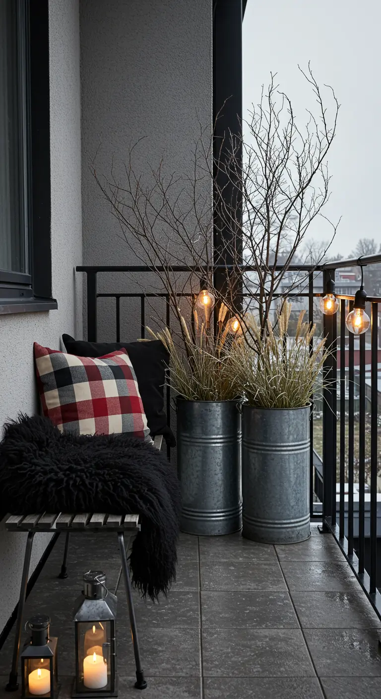 Industrial-style balcony with metal planters, ornamental grasses, and a red plaid pillow.
