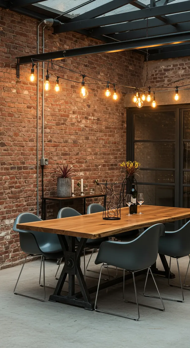 An industrial-style patio with an exposed brick wall, modern furniture, and globe lights.
