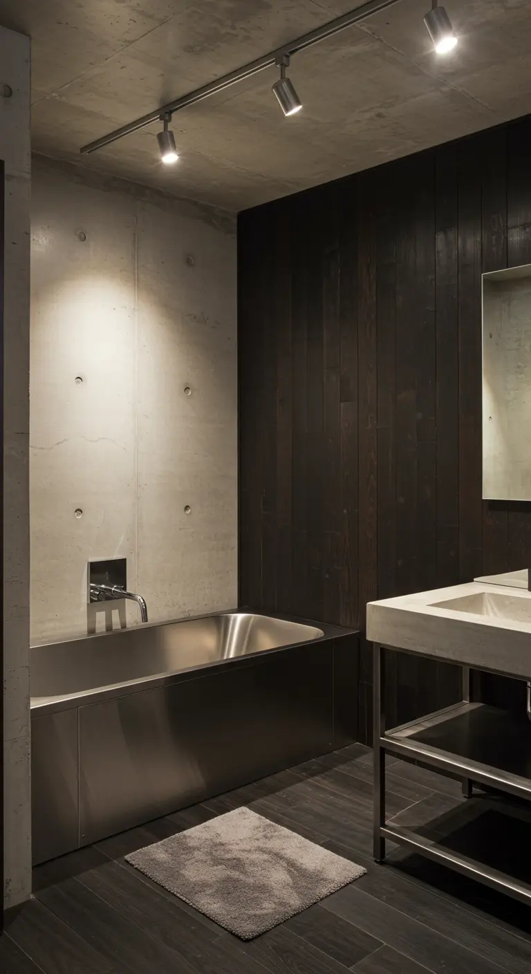 Bathroom with concrete walls, a dark wood accent wall, and a stainless steel bathtub.