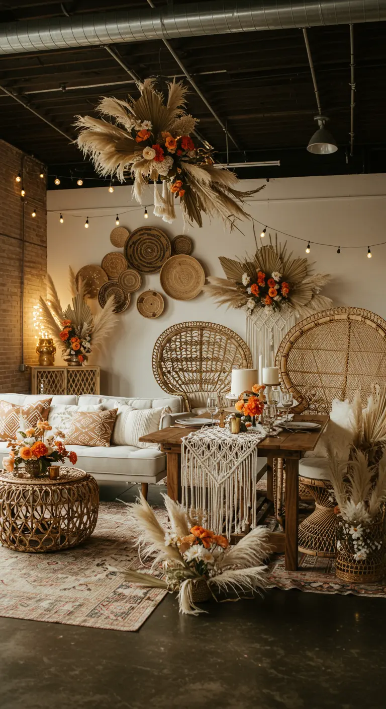 A party space with industrial elements, wicker peacock chairs, and a large hanging floral installation.