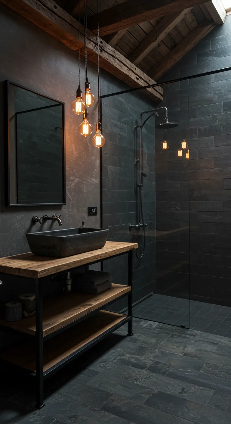 Moody bathroom with charcoal tiles, a wood and metal vanity, and hanging Edison bulbs.