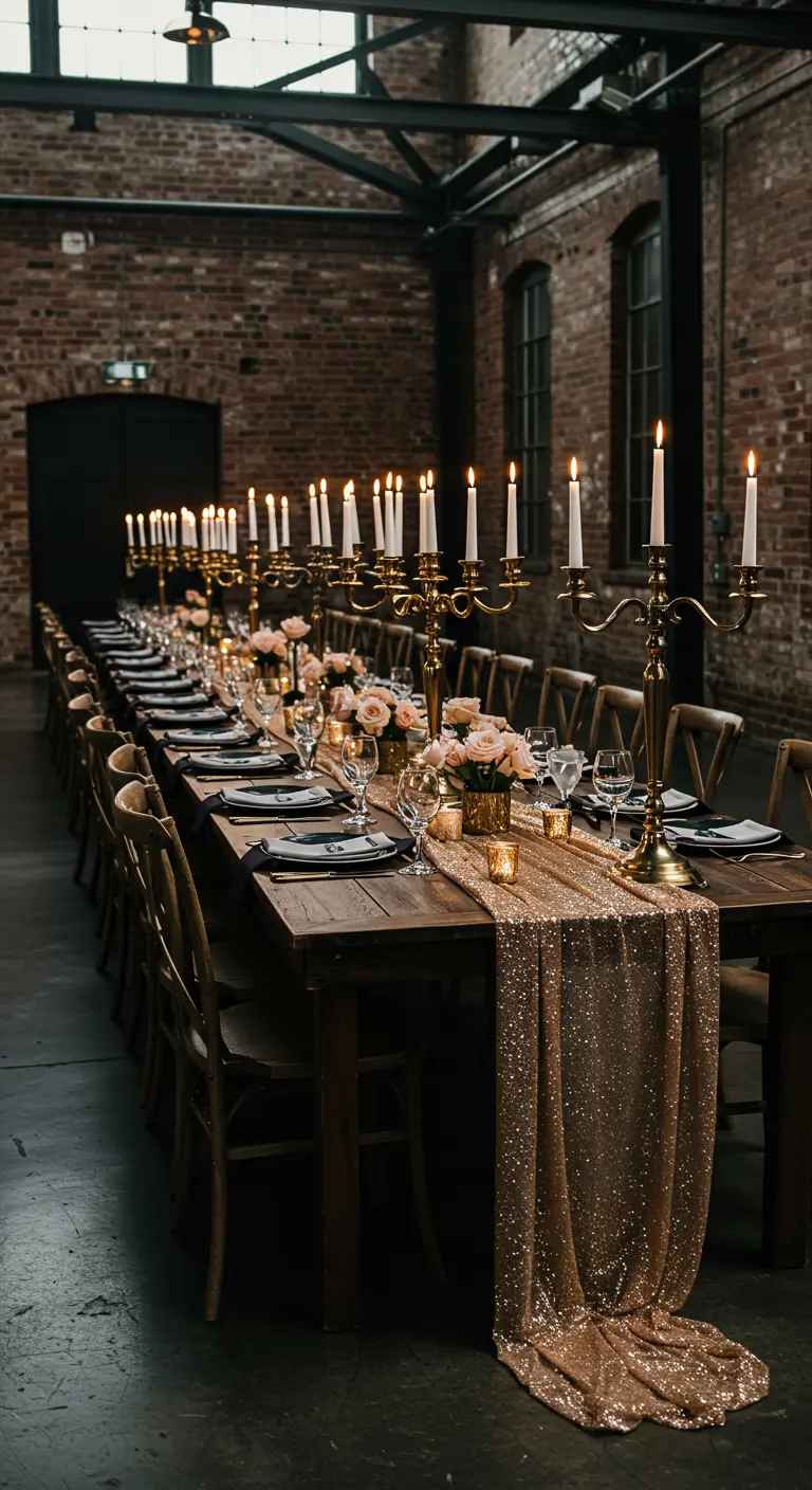 A long wooden table in a brick warehouse, lined with dozens of gold candelabras.