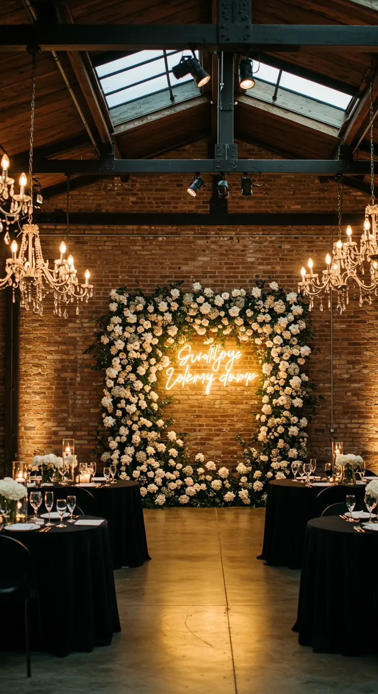 An industrial-chic wedding reception with a neon sign inside a square flower wall against a brick wall.