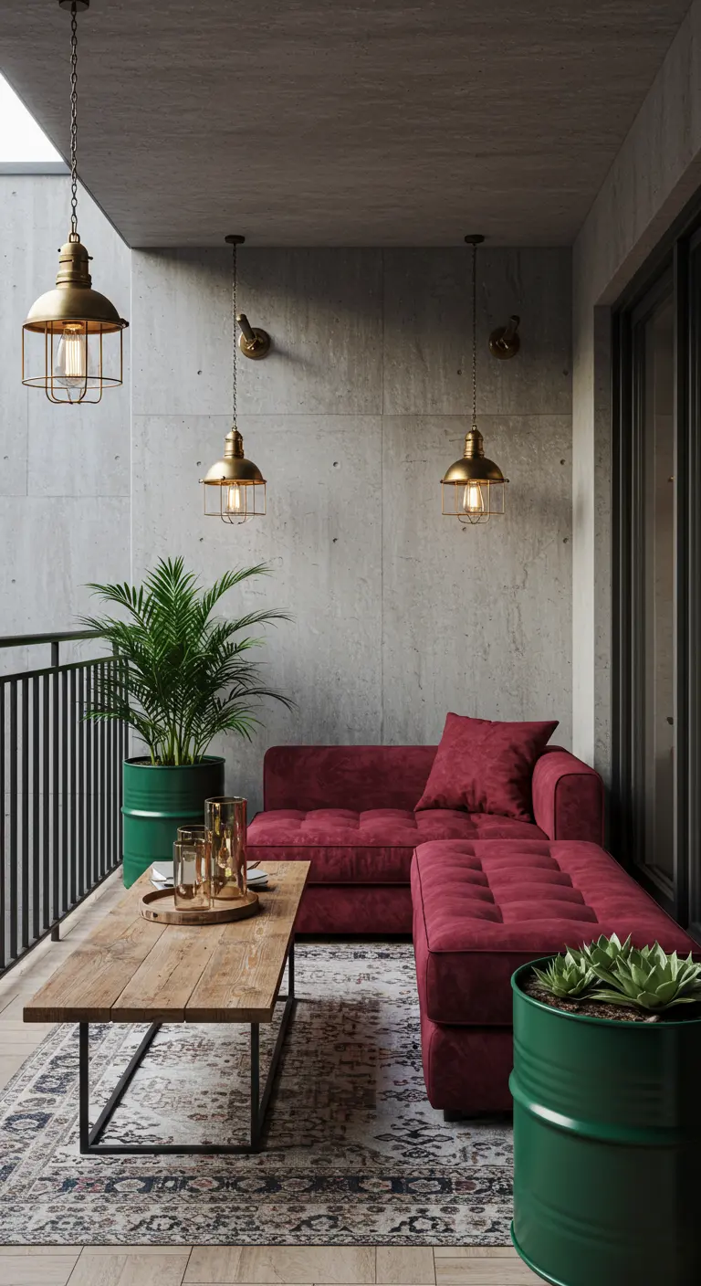 A ruby red velvet sofa and green drum planters against a concrete wall on a modern balcony.