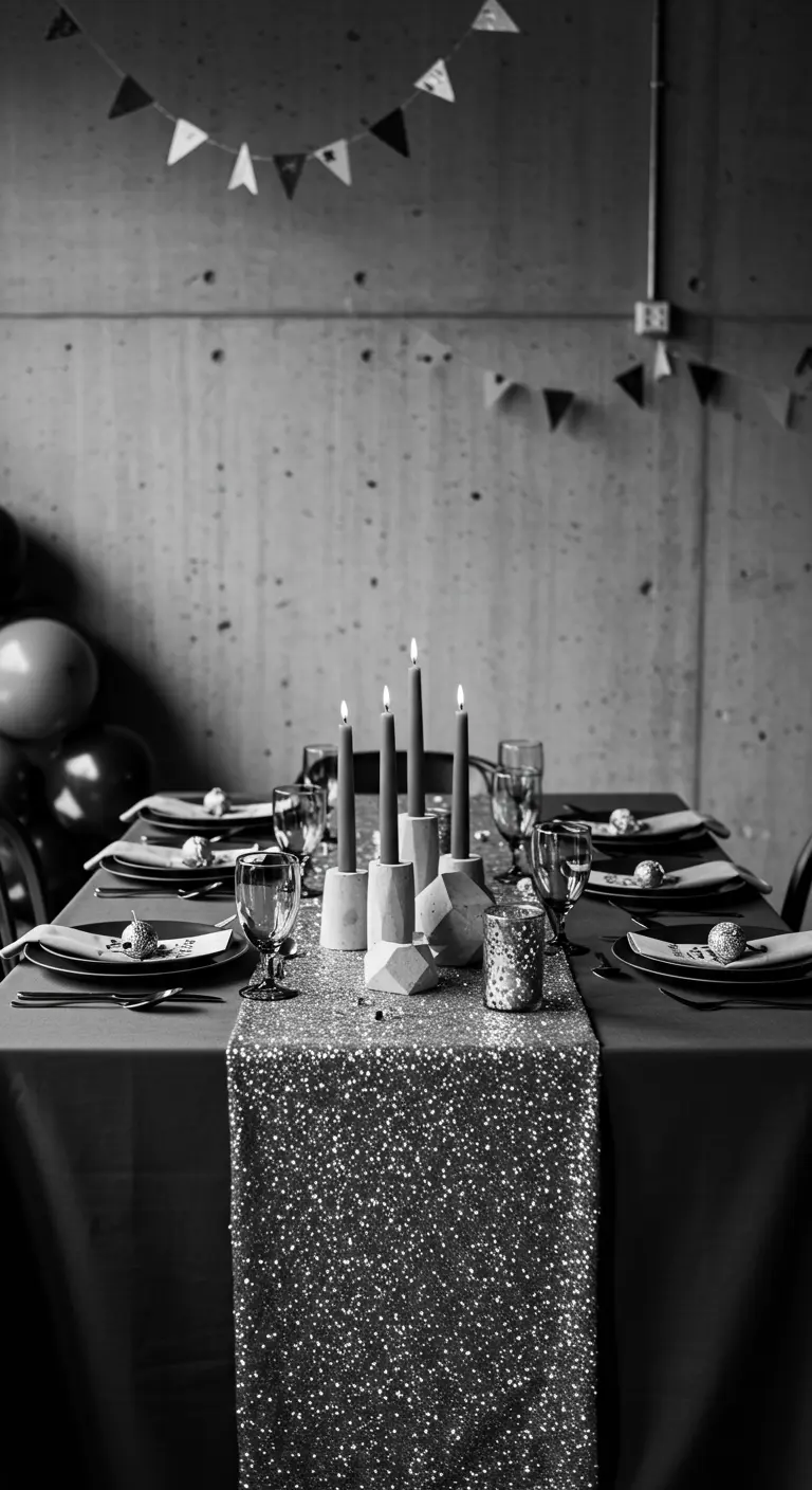 A black-and-white photo of a tablescape with a silver sequin runner and concrete decor.